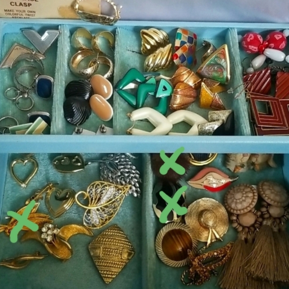 Vintage Jewelry Box with Assorted Earrings, Brooches, and Scarf Clips
